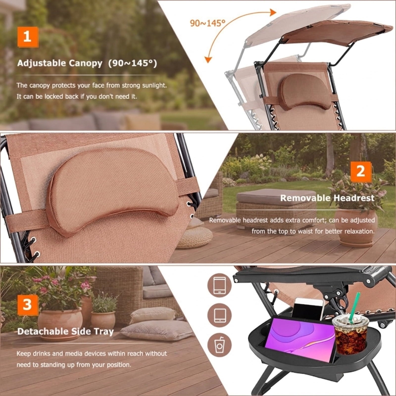 Biotree Folding Recliner Lounge Chair with Shade Canopy Cup Holder Stackable Patio Chair for Garden BackyardBrown
