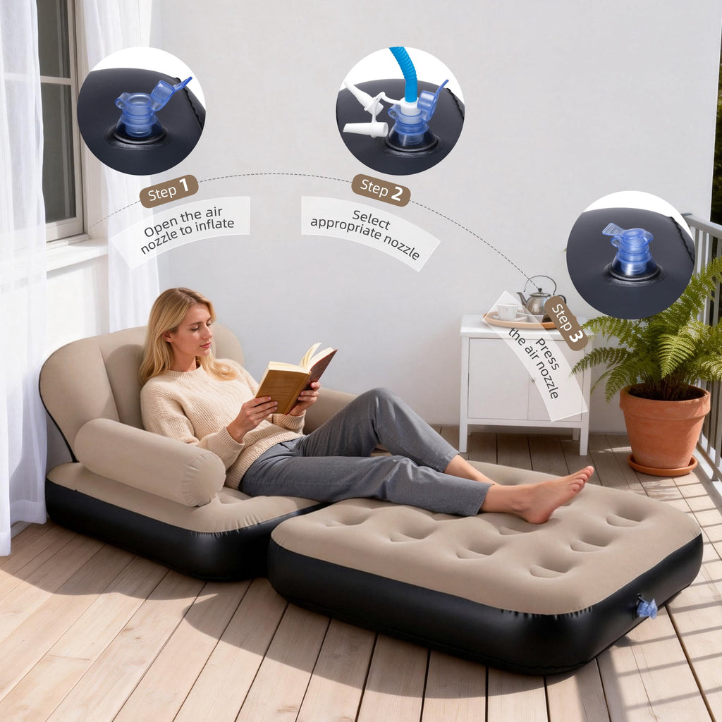 Biotree Inflatable Sofa Bed, 5-in-1 Foldable Thickened Flocked PVC Blow up Sofa with 2 Pumps, Air Couch Mattress for Camping,Brown