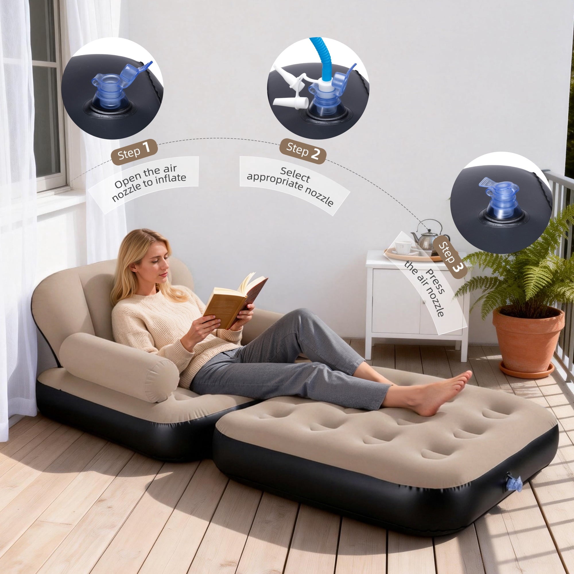 Biotree Inflatable Sofa Bed, 5-in-1 Foldable Thickened Flocked PVC Blow up Sofa with 2 Pumps, Air Couch Mattress for Camping,Brown