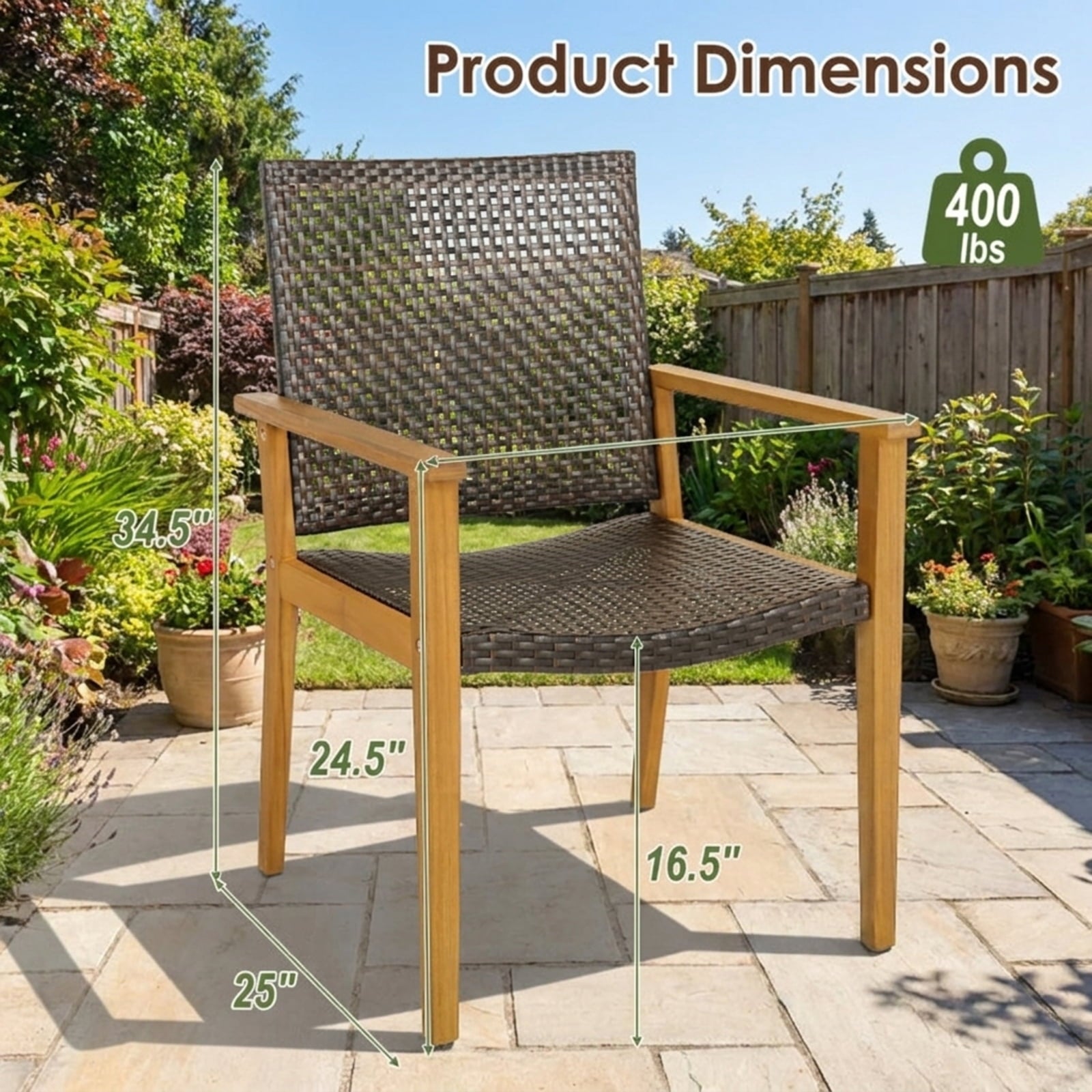 Biotree Set of 4 Outdoor Rattan Chair with Sturdy Acacia Wood Frame-Set of 4 Stackable Patio Chair for Garden BackyardMix Brown
