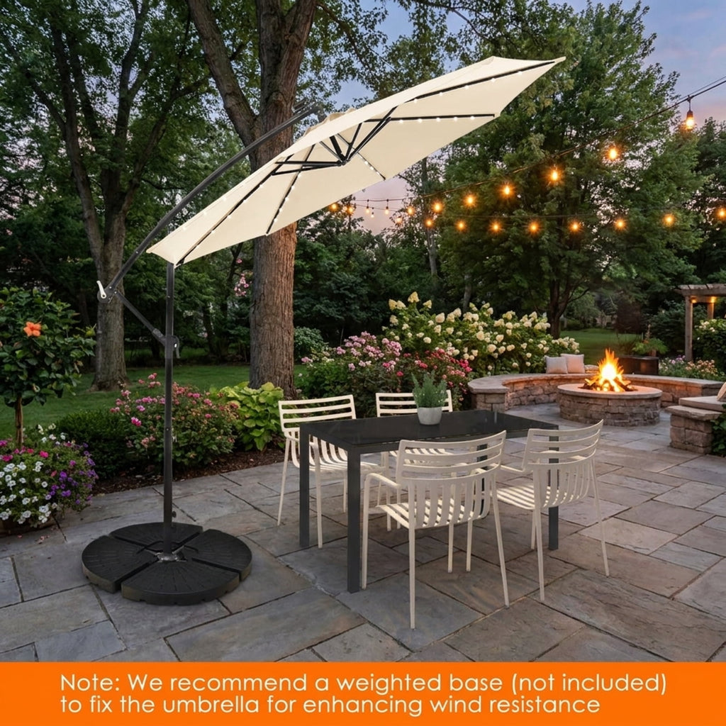Biotree 10 ft Solar Offset Hanging Umbrella with 40 LED Lights Cross Base and 180G Polyester Canopy for Deck Garden Backyard - Tan