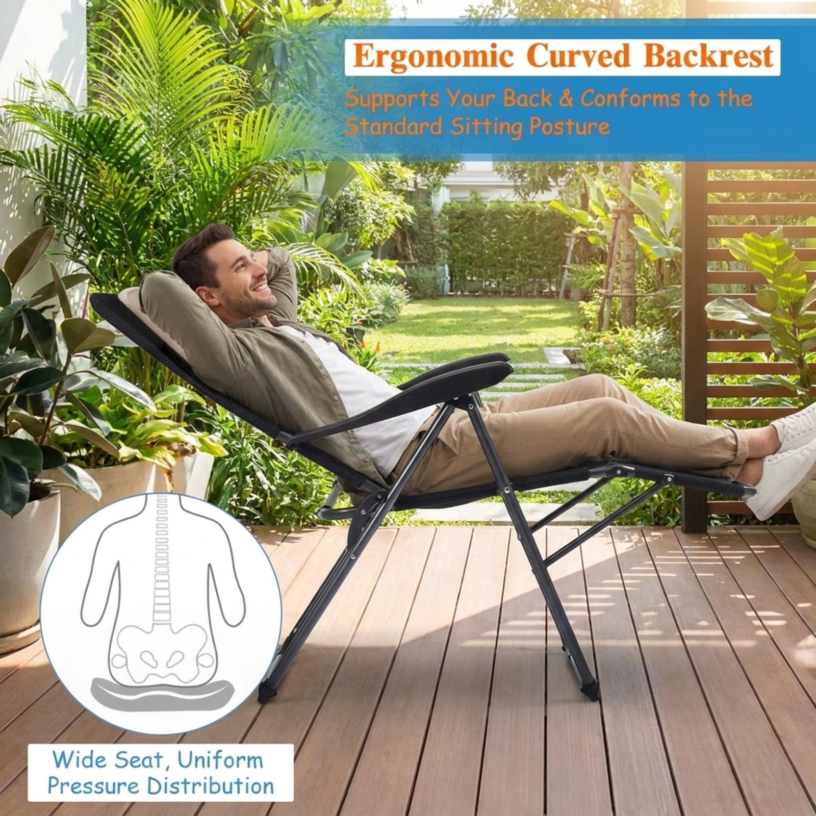 Biotree Set of 4 Patio Folding Chairs with Adjustable Backrest Stackable Patio Chair for Garden BackyardBlack