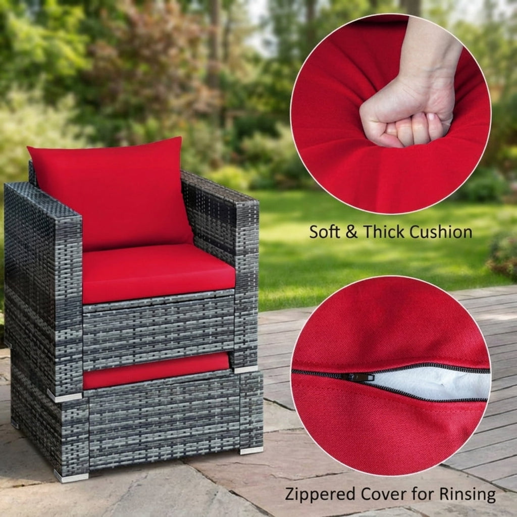 Biotree 3 Pcs Patio Rattan Furniture Bistro Sofa Set with Cushioned Outdoor Conversation Set for Garden Backyard PorchRed