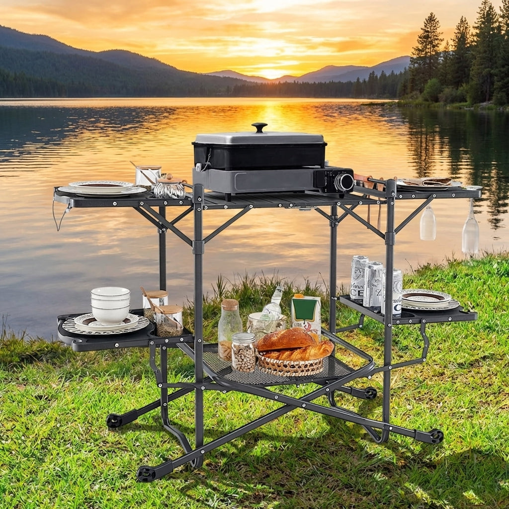Biotree Folding Portable Outdoor Cook Station with Heat-Resistant Aluminum Tabletop Camp Kitchen Table with Storage, Black