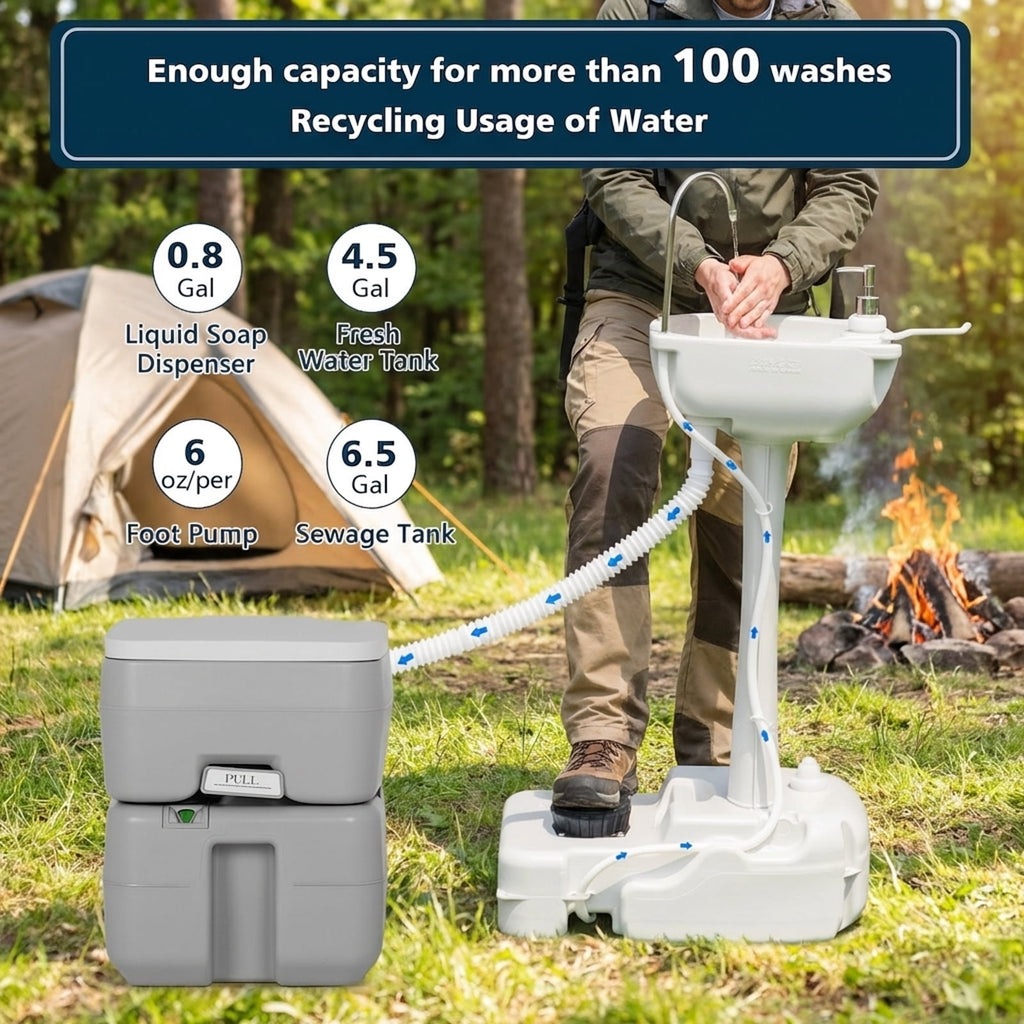 Biotree Portable Hand Wash Station Basin Stand with 4.5 Gallon Tank Camping Sink with Soap Dispenser for Outdoor, Gray