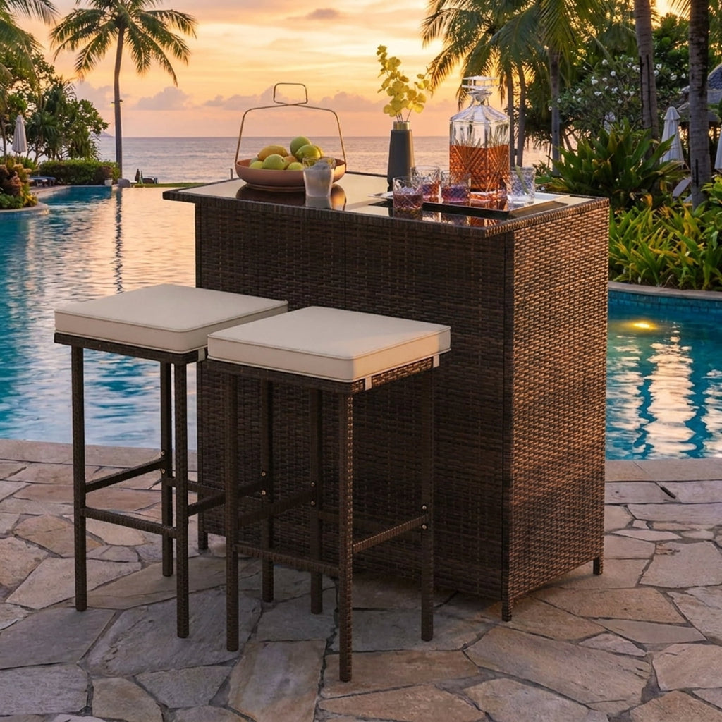 Biotree 3-Piece Patio Rattan Bar Set with Glass Table and Cushioned Stools, White - Outdoor Patio Bar Height Furniture Set for Deck Garden