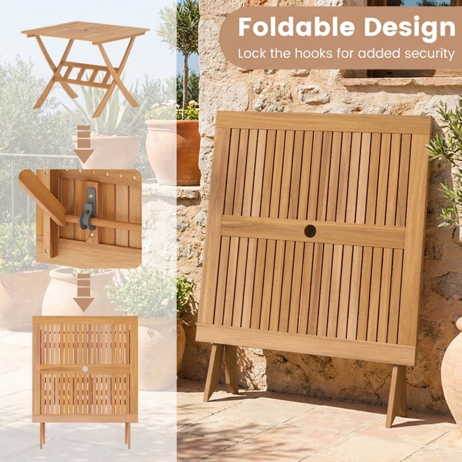 Biotree 36-Inch Acacia Wood Folding Patio Dining Table with Umbrella Hole for 4 People, Natural