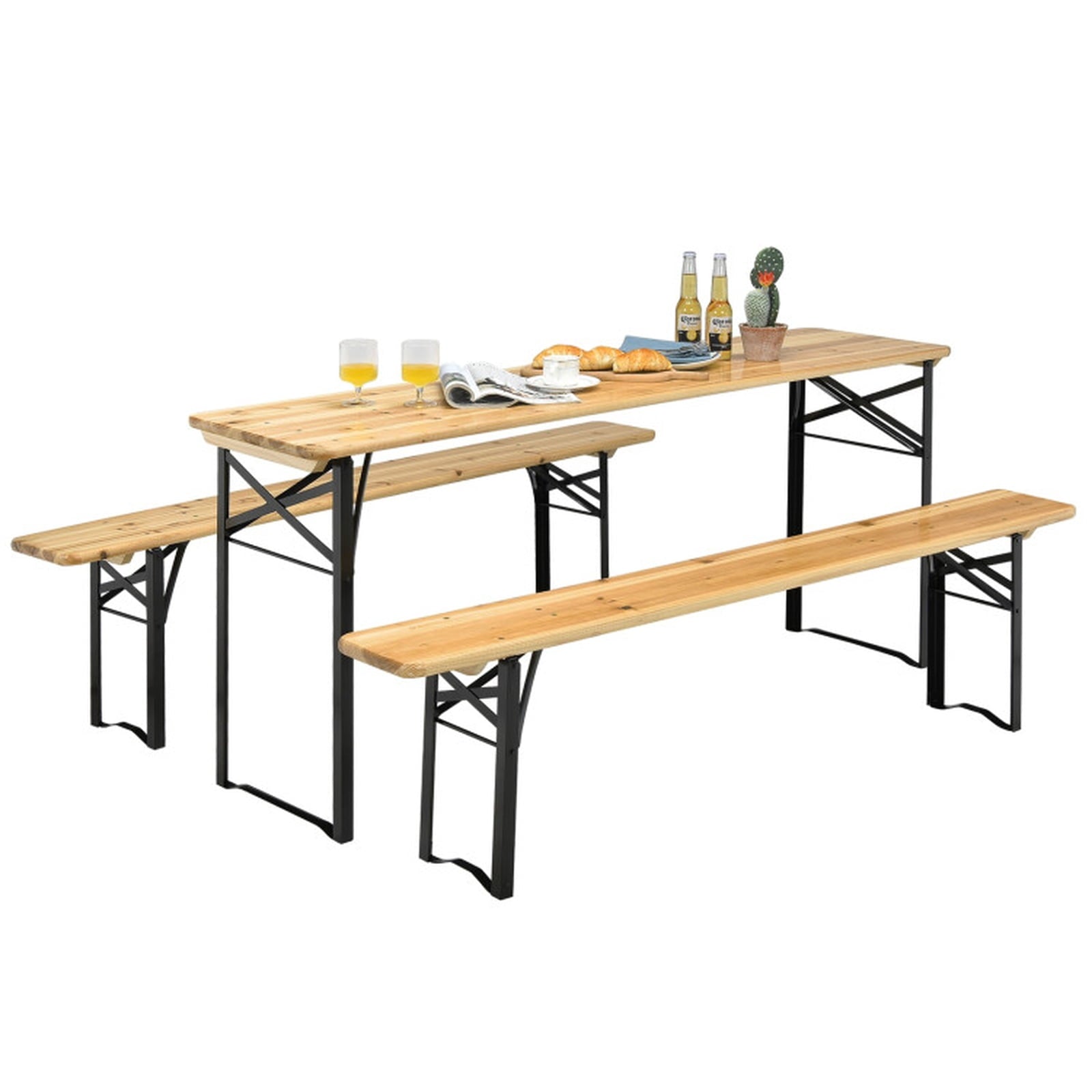 Biotree 70-Inch 3 Pieces Folding Wooden Picnic Table Bench Set, Natural Black