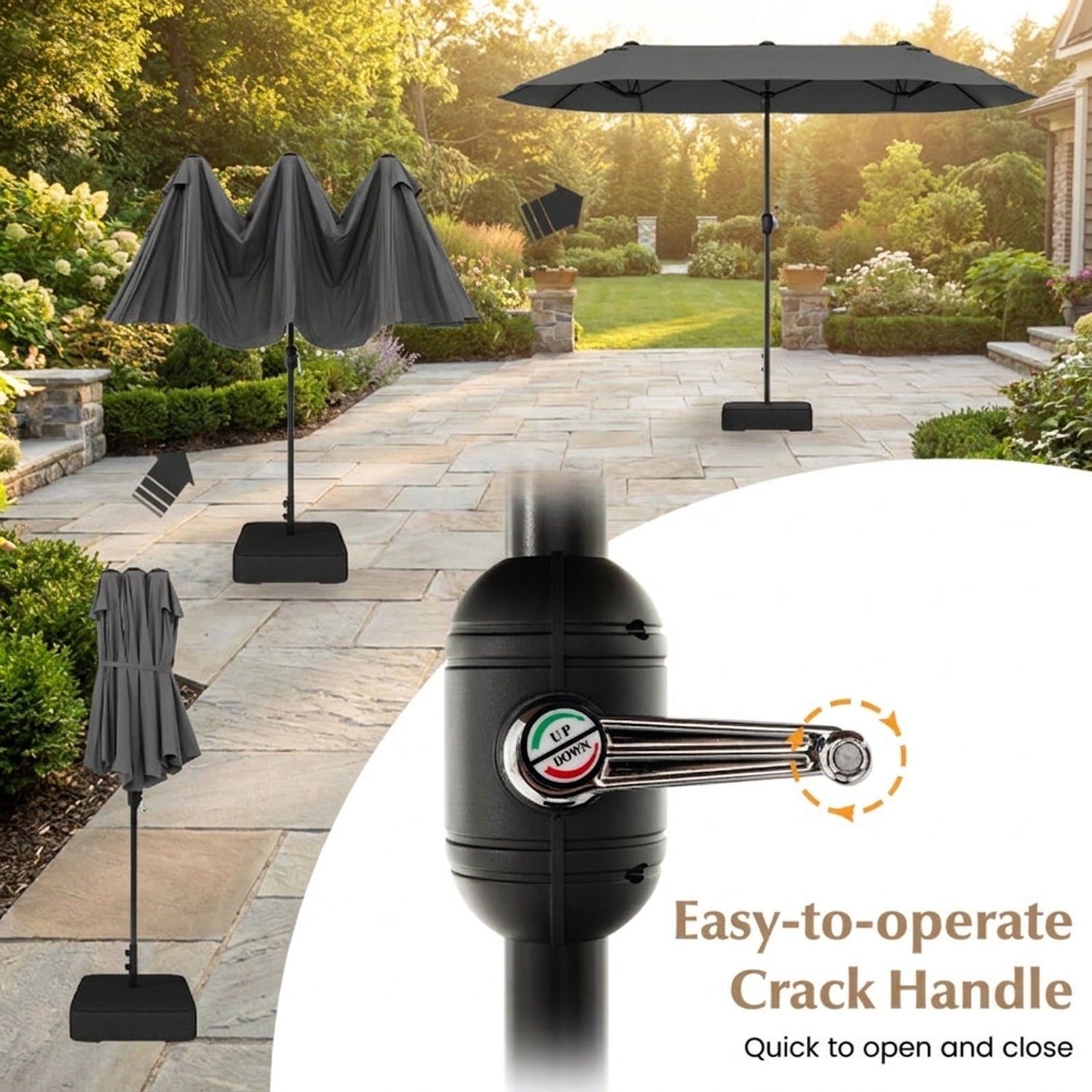 Biotree 13 ft Double-Sided Twin Patio Umbrella Crank Tilt Outdoor Shade - Gray - UV Protection with Cross Base