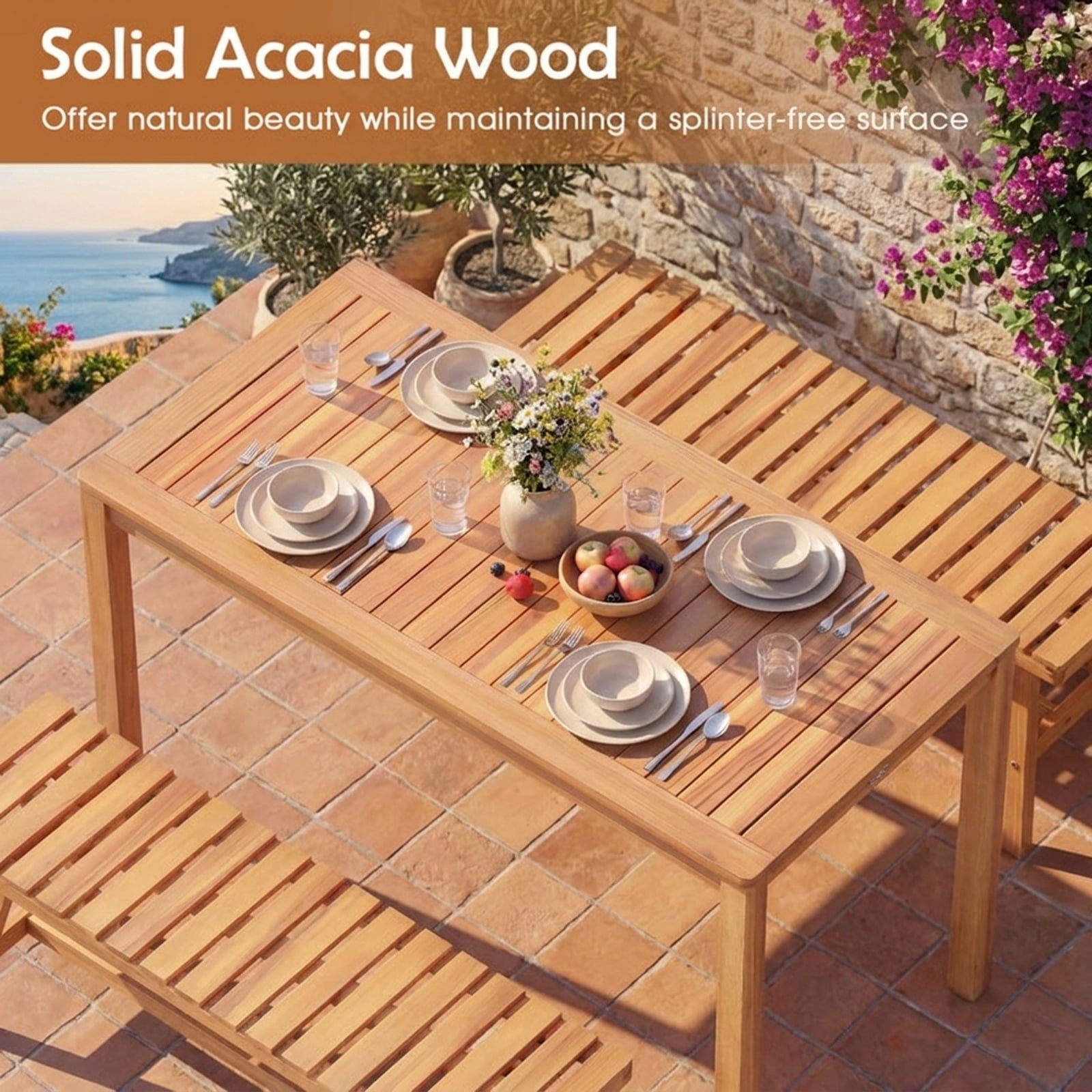 Biotree Outdoor Acacia Wood Dining Table with Slatted Tabletop for 4-6, Natural
