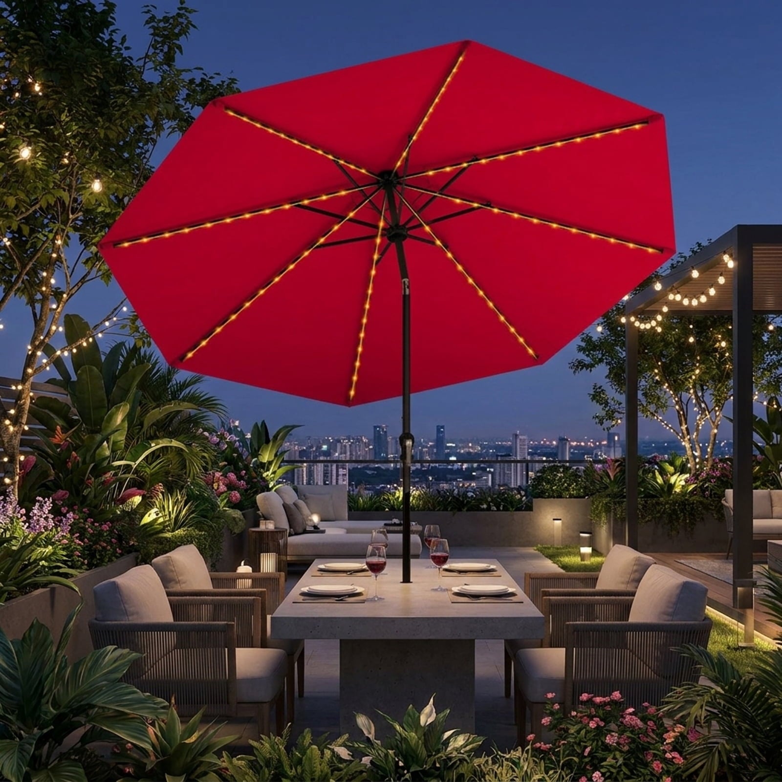 Biotree 10 ft Market Patio Umbrella with Crank and Tilt, 8 Sturdy Ribs, Vented Canopy - Red for Backyard