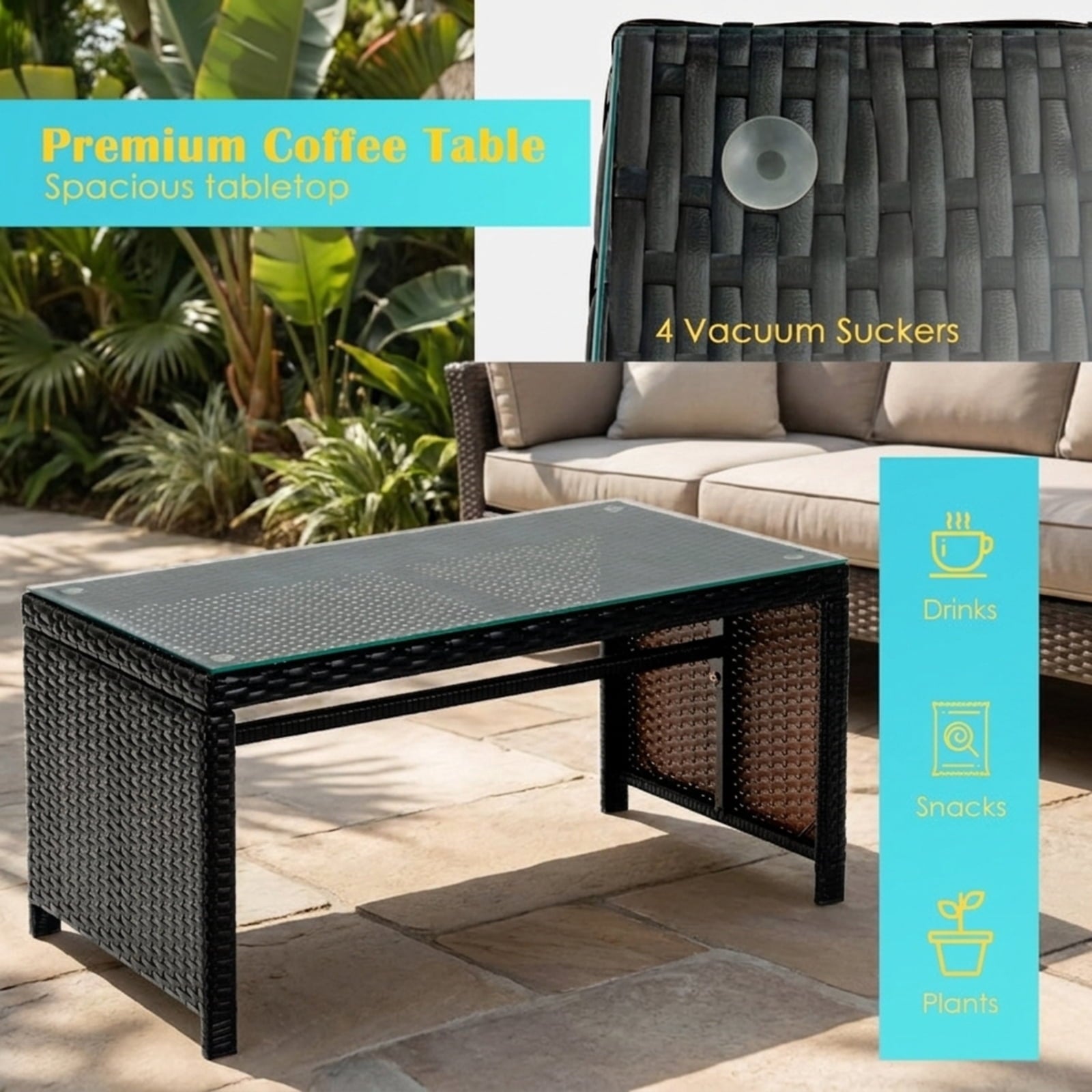 Biotree 4 Pieces Patio Rattan Furniture Set with Glass Table and Loveseat Outdoor Conversation Set for Garden Backyard PorchGray