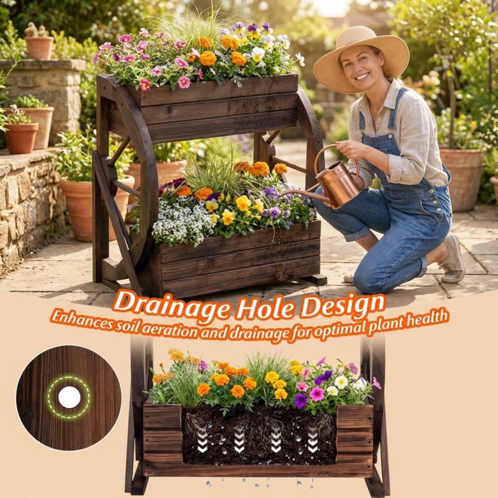 Biotree 2-tier Raised Garden Bed Rustic Wood Wagon Planter with Drainage Holes and Semi-wheels-Coffee Brown