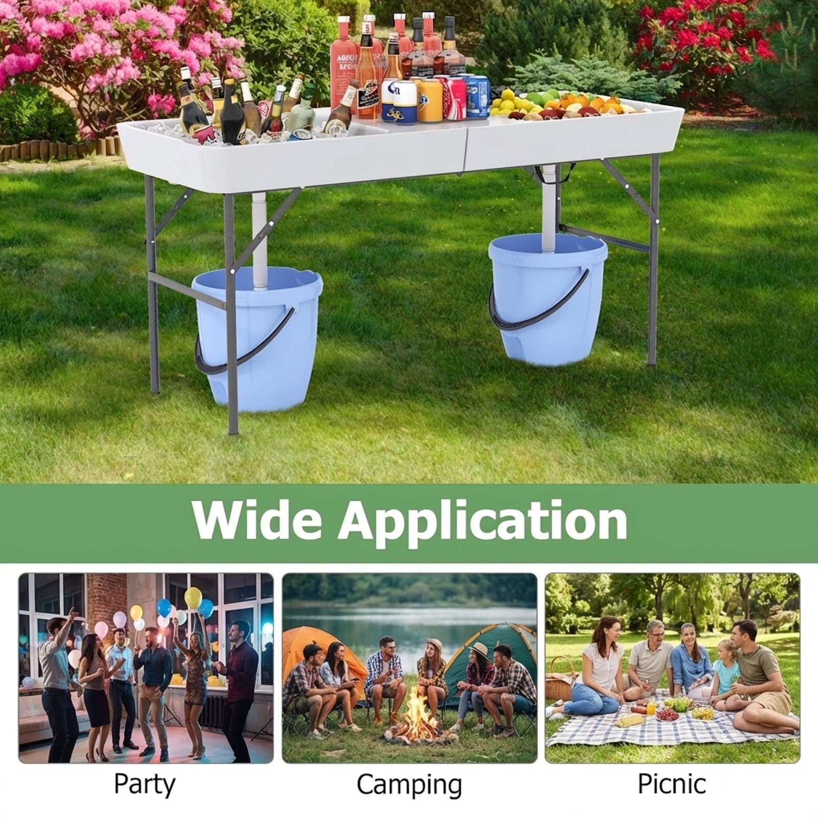 Biotree 5 FT Folding Ice Cooler Table with Double Sinks for Camping Party Picnic Wedding Portable Ice Table, White