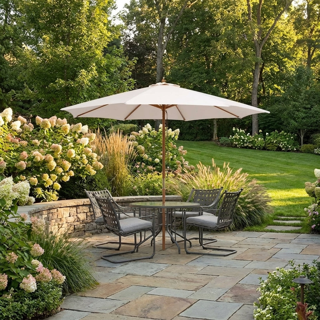 Biotree 10 Feet Patio Umbrella with 8 Wooden Ribs and 3 Adjustable Heights-Beige Deck Garden Pool Outdoor Living