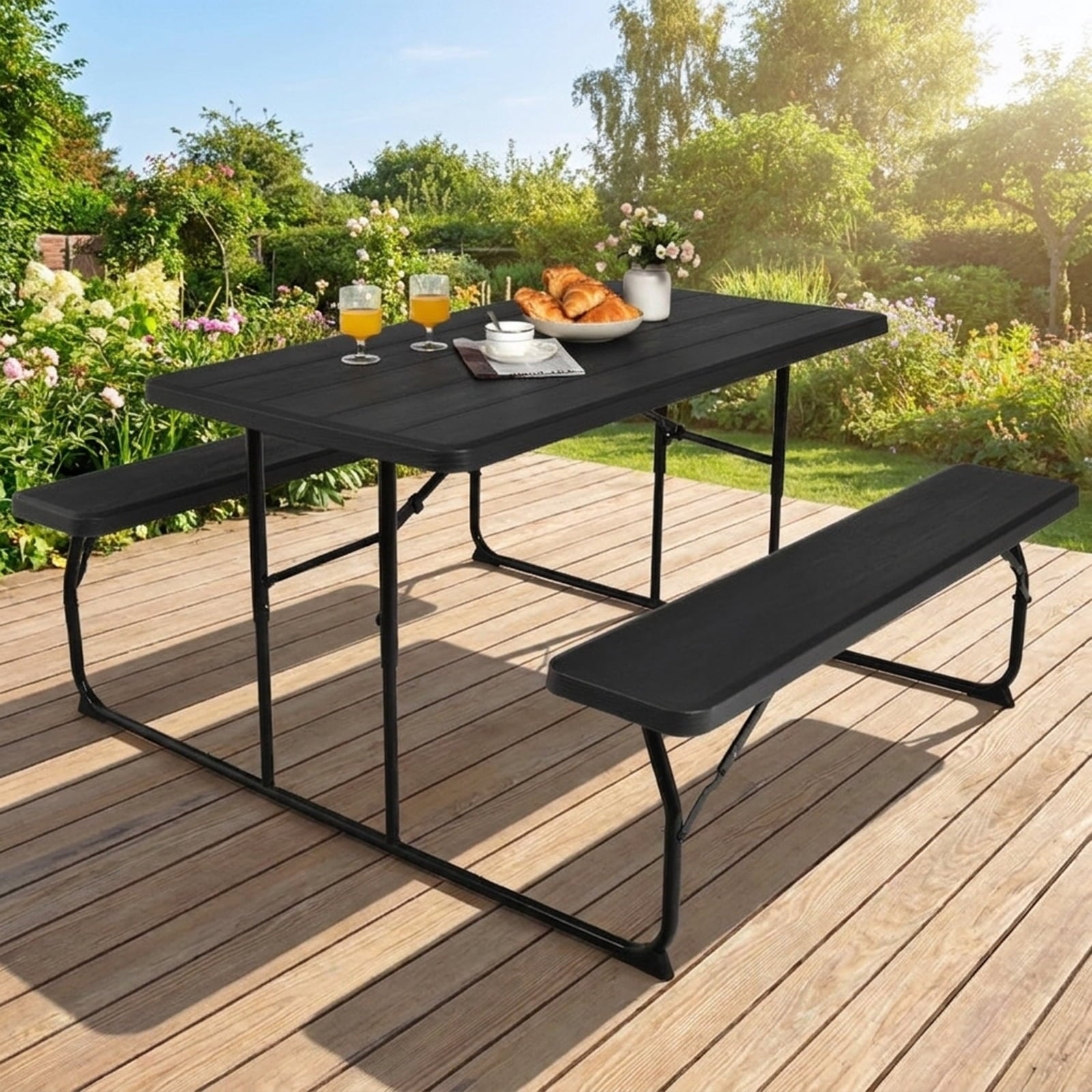 Biotree Indoor and Outdoor Folding Picnic Table Bench Set with Wood-like Texture, Black