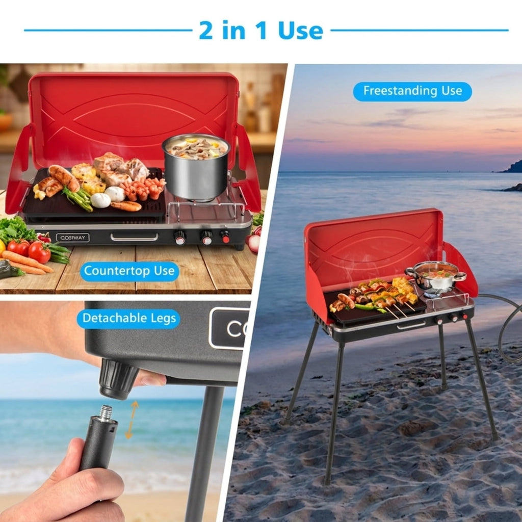Biotree 2-in-1 Gas Camping Grill and Stove with 4 Detachable Legs for Outdoor Camping Backyard Patio Cooking, Red