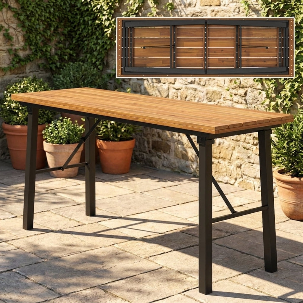 Biotree Folding Picnic Table Acacia Wood Dining Table with Metal Frame for Indoor Outdoor Activities, Natural
