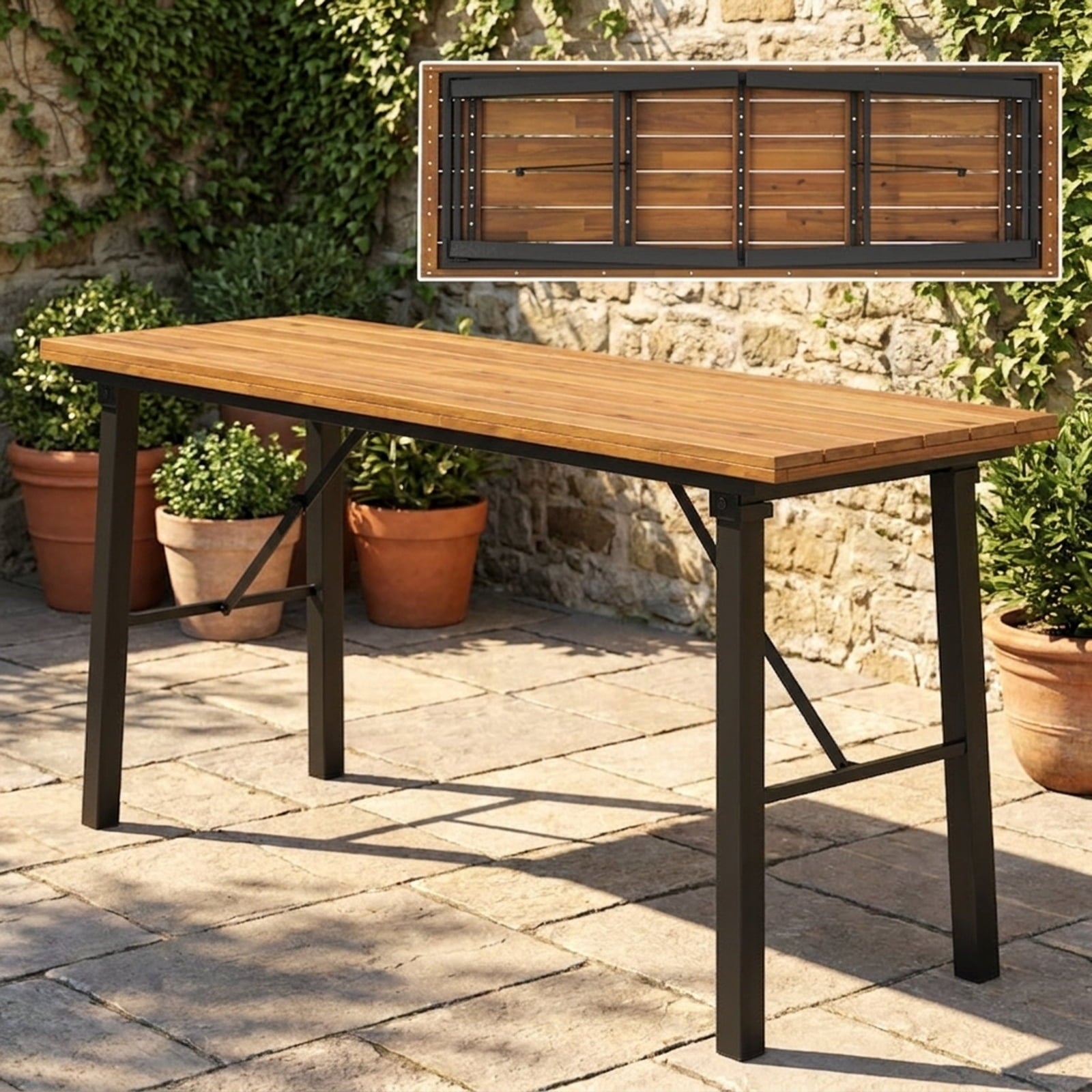 Biotree Folding Picnic Table Acacia Wood Dining Table with Metal Frame for Indoor Outdoor Activities, Natural