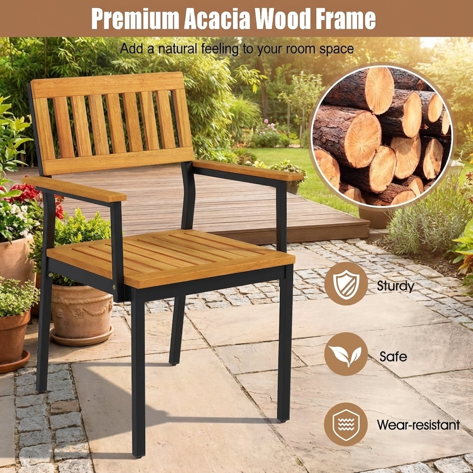 Biotree 2-Pack Patio Dining Chair with Metal and Acacia Wood