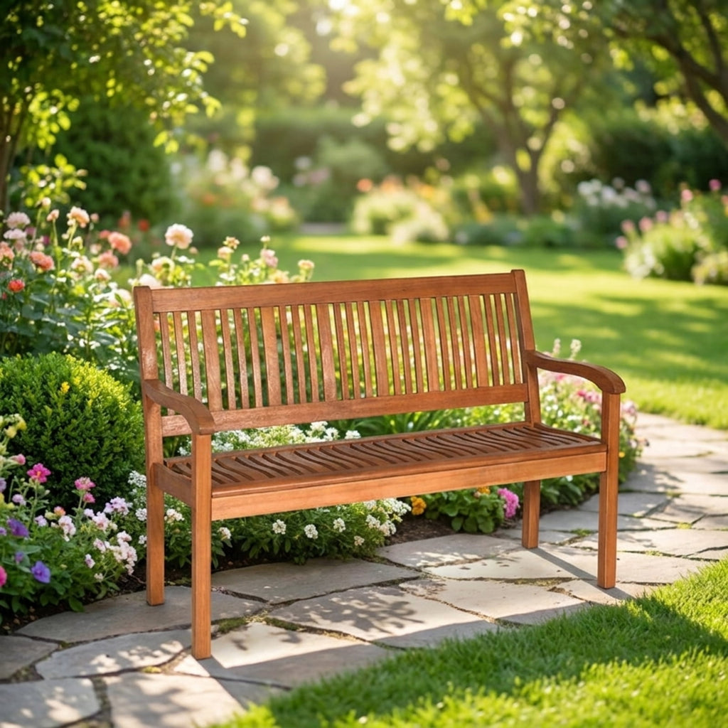 Biotree Two Person Solid Wood Garden Bench with Curved Backrest and Wide Armrest Stackable Patio Chair for Garden Backyard