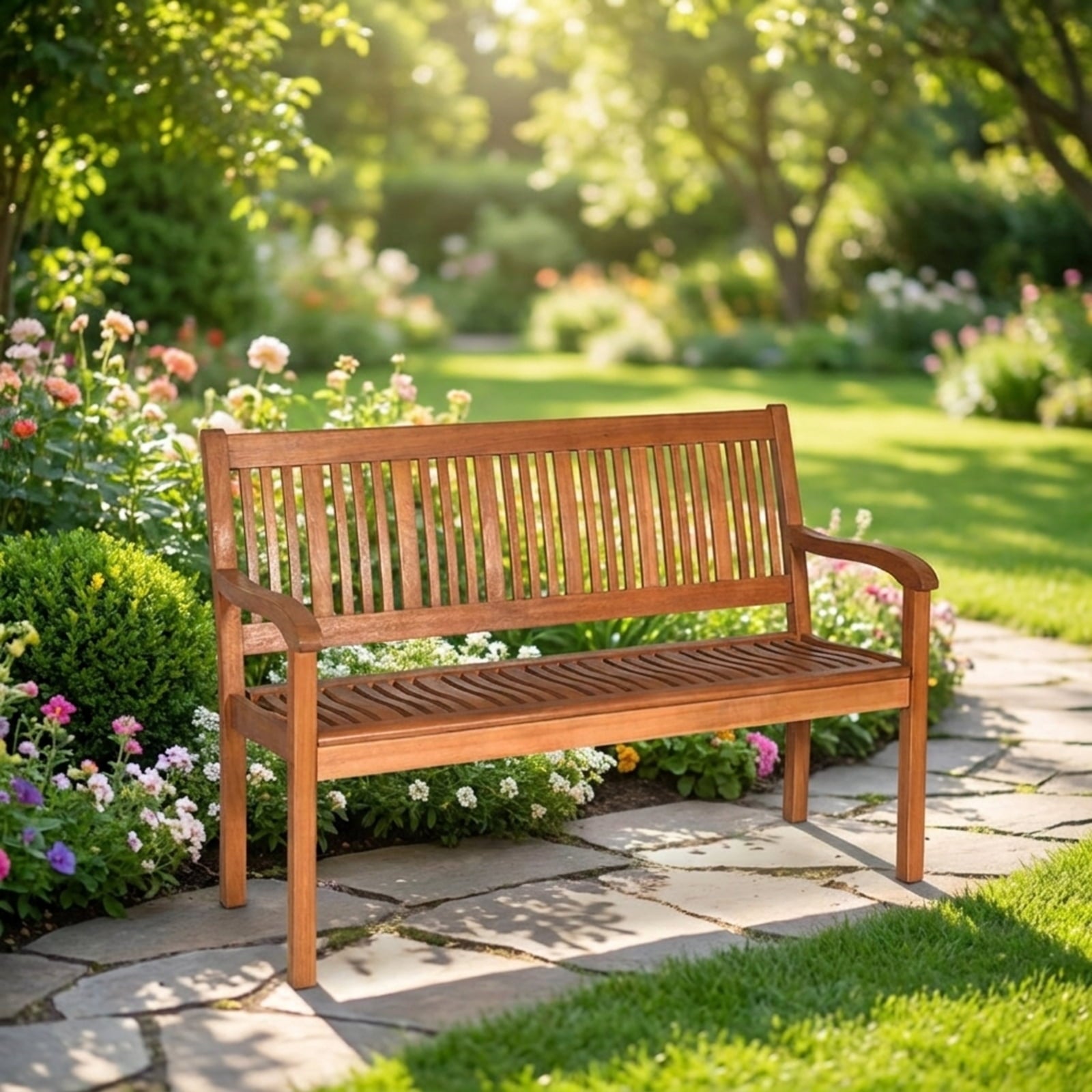 Biotree Two Person Solid Wood Garden Bench with Curved Backrest and Wide Armrest Stackable Patio Chair for Garden Backyard