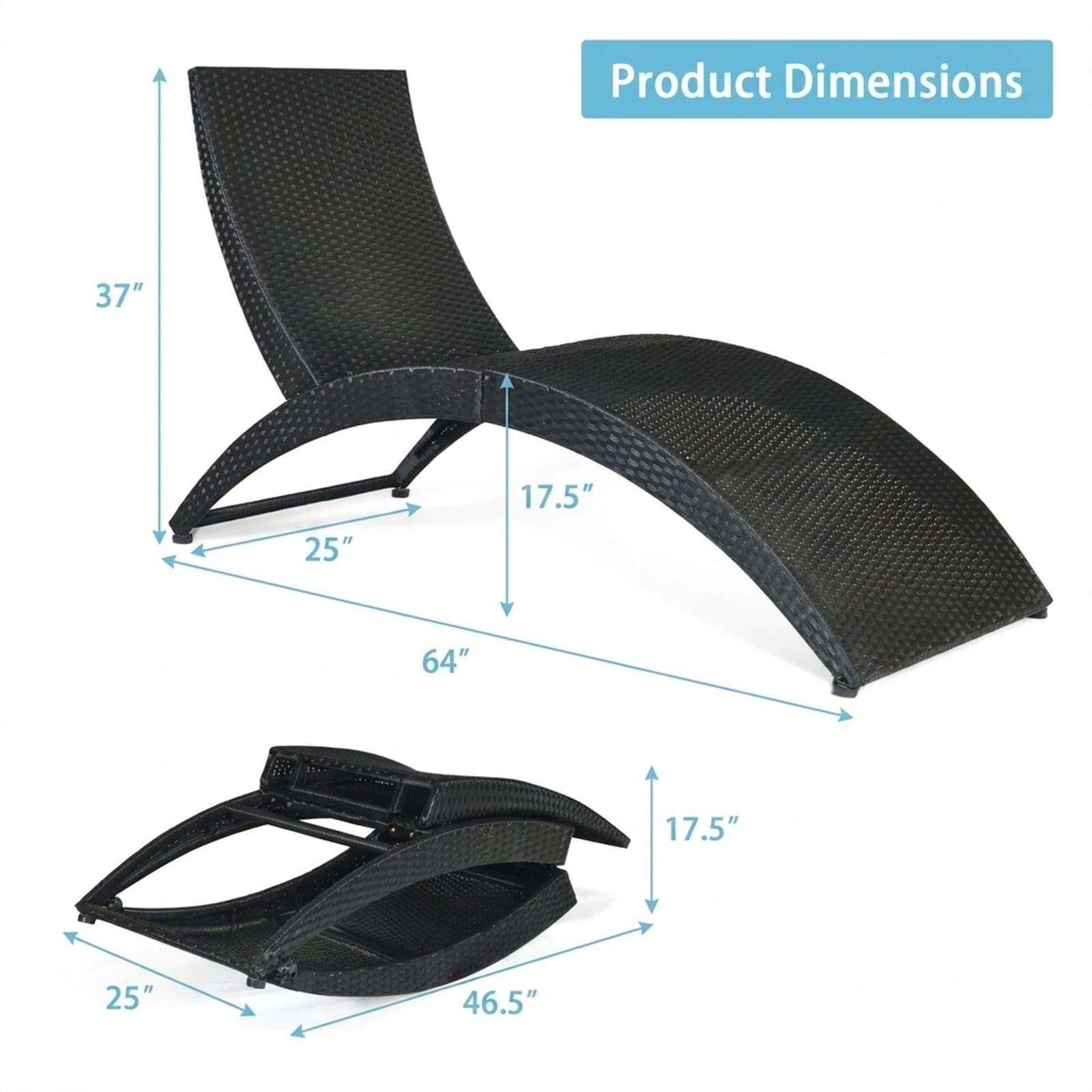 Biotree Folding Patio Rattan Portable Lounge Chair Chaise with Cushion Stackable Patio Chair for Garden BackyardTurquoise