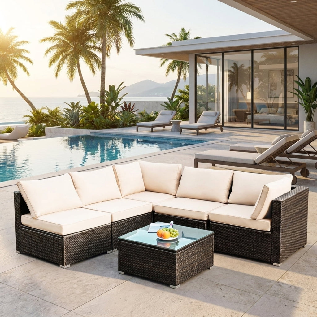 Biotree 5 Pieces Cushioned Patio Rattan Furniture Set with Glass Table Outdoor Conversation Set for Garden Backyard PorchWhite