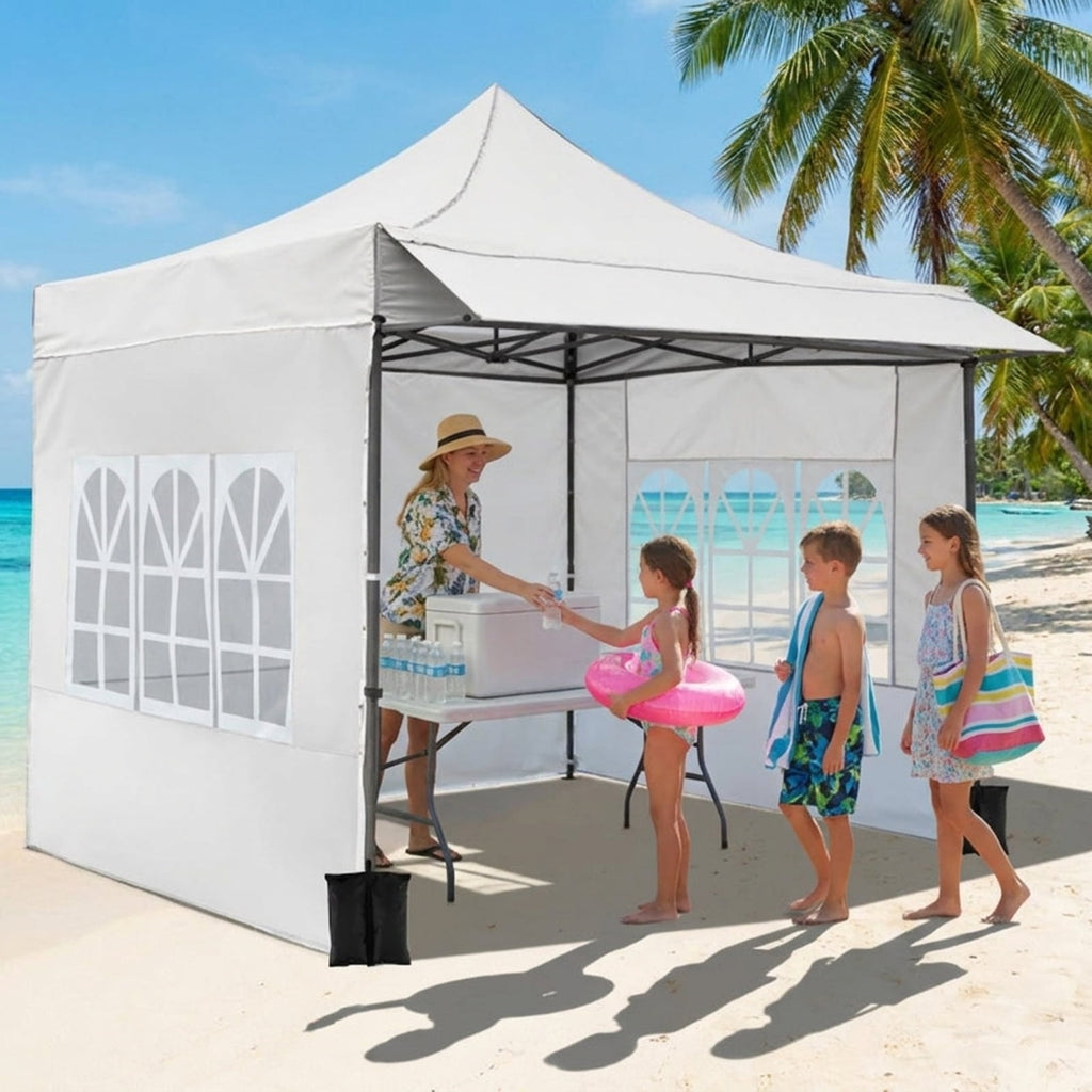 Biotree 10 x 10 FT Pop Up Canopy Tent with 3 Sidewalls, Awning & Wheeled Bag,Waterproof for Outdoor Party Supplier Camping Beach,White
