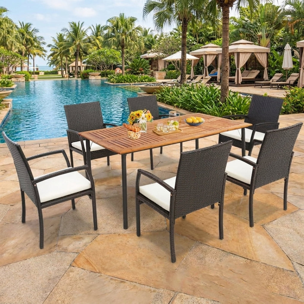 Biotree 63-Inch Patio Acacia Wood Dining Table with Umbrella Hole and Metal Legs, Black