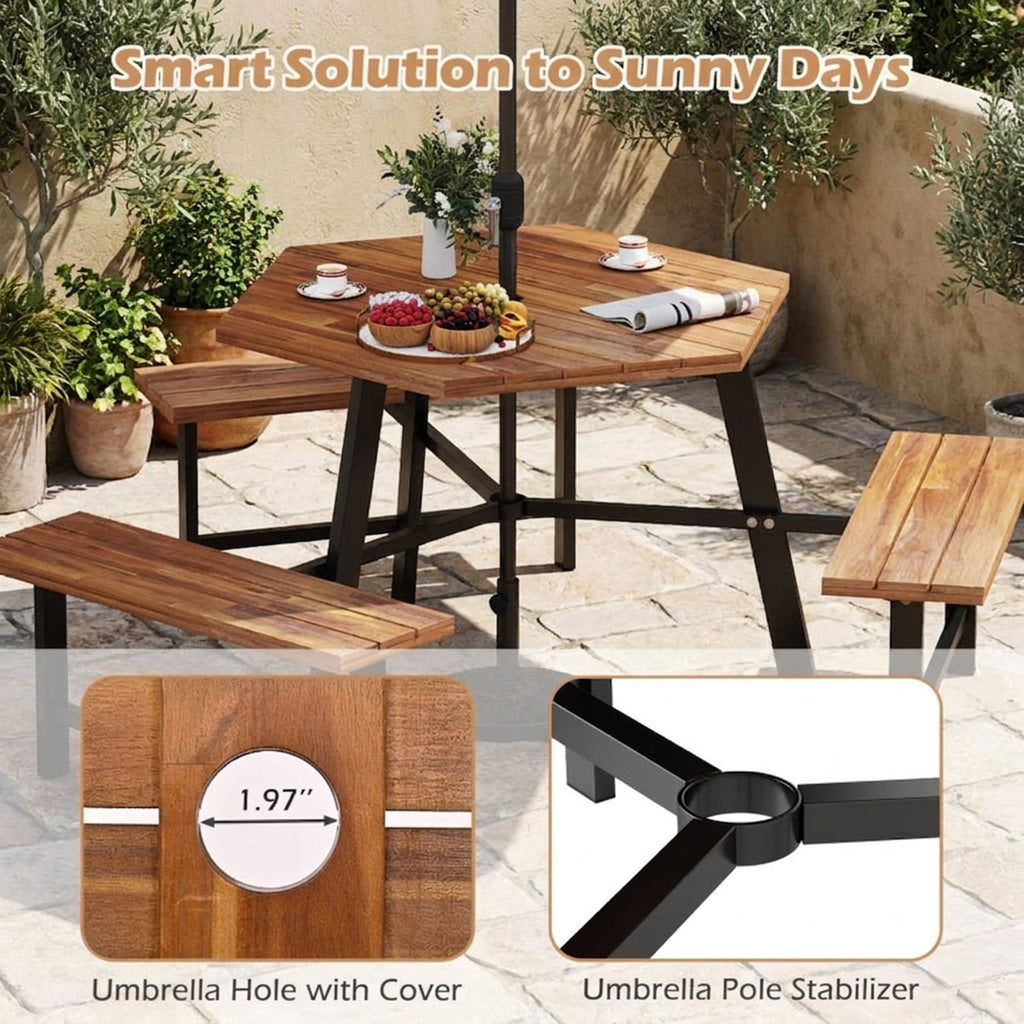 Biotree 75-Inch 6 Person Acacia Wood Picnic Table Bench Set with 3 Seats with 1.97" Umbrella Hole, Black