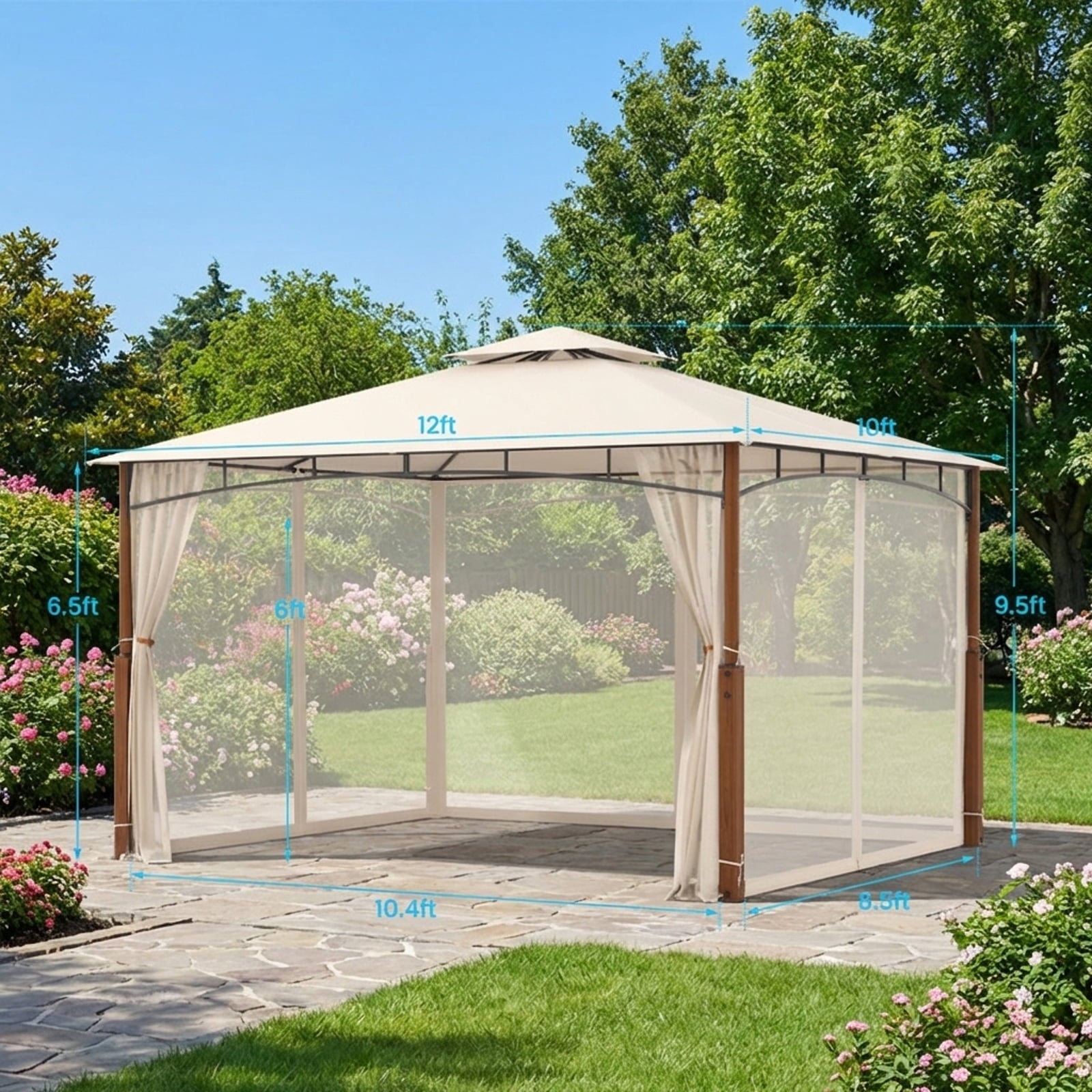 Biotree 12 x 10 Feet Outdoor Patio Gazebo with Netting and 2-Tier Canopy Roof Beige - Outdoor Patio Backyard Garden Shade Canopy Shelter