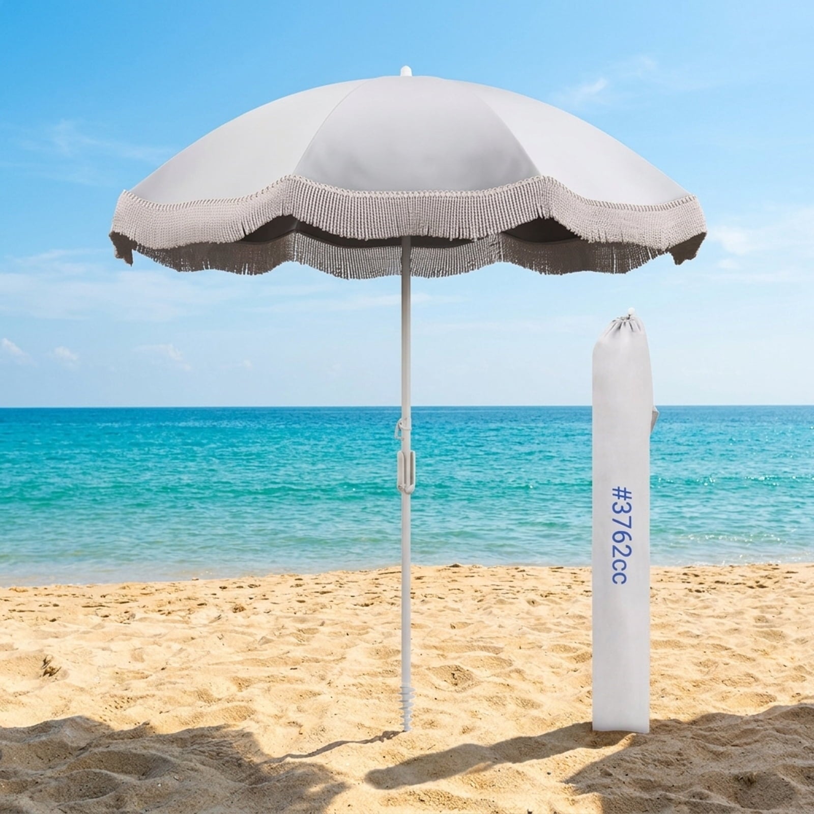 Biotree 6 ft Beach Tassel Fringe Patio Umbrella Crank Tilt Outdoor Shade - White - UV Protection with Cross Base