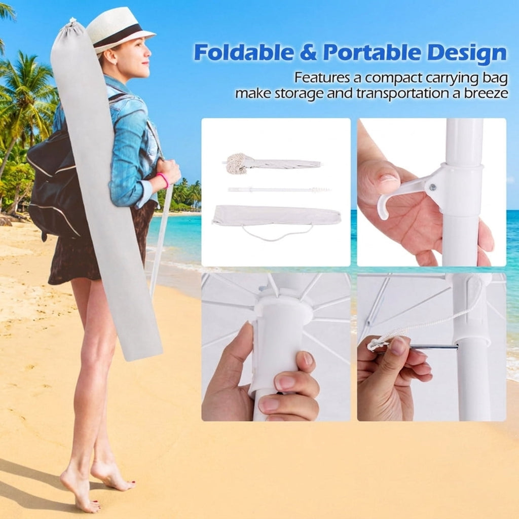 Biotree 6 ft Beach Tassel Fringe Patio Umbrella Crank Tilt Outdoor Shade - White - UV Protection with Cross Base