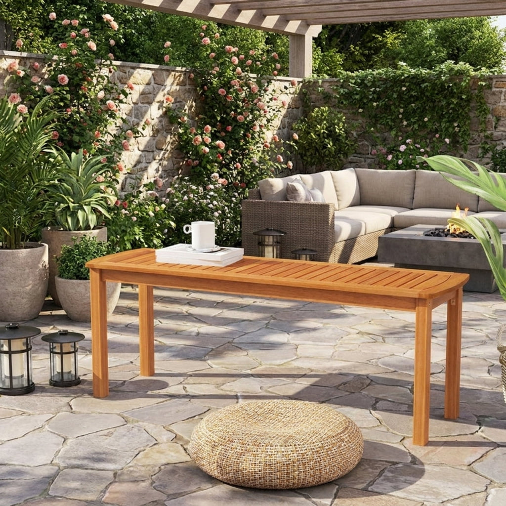Biotree Acacia Wood Outdoor Bench with Slatted Seat for Garden Stackable Patio Chair for Garden BackyardNatural