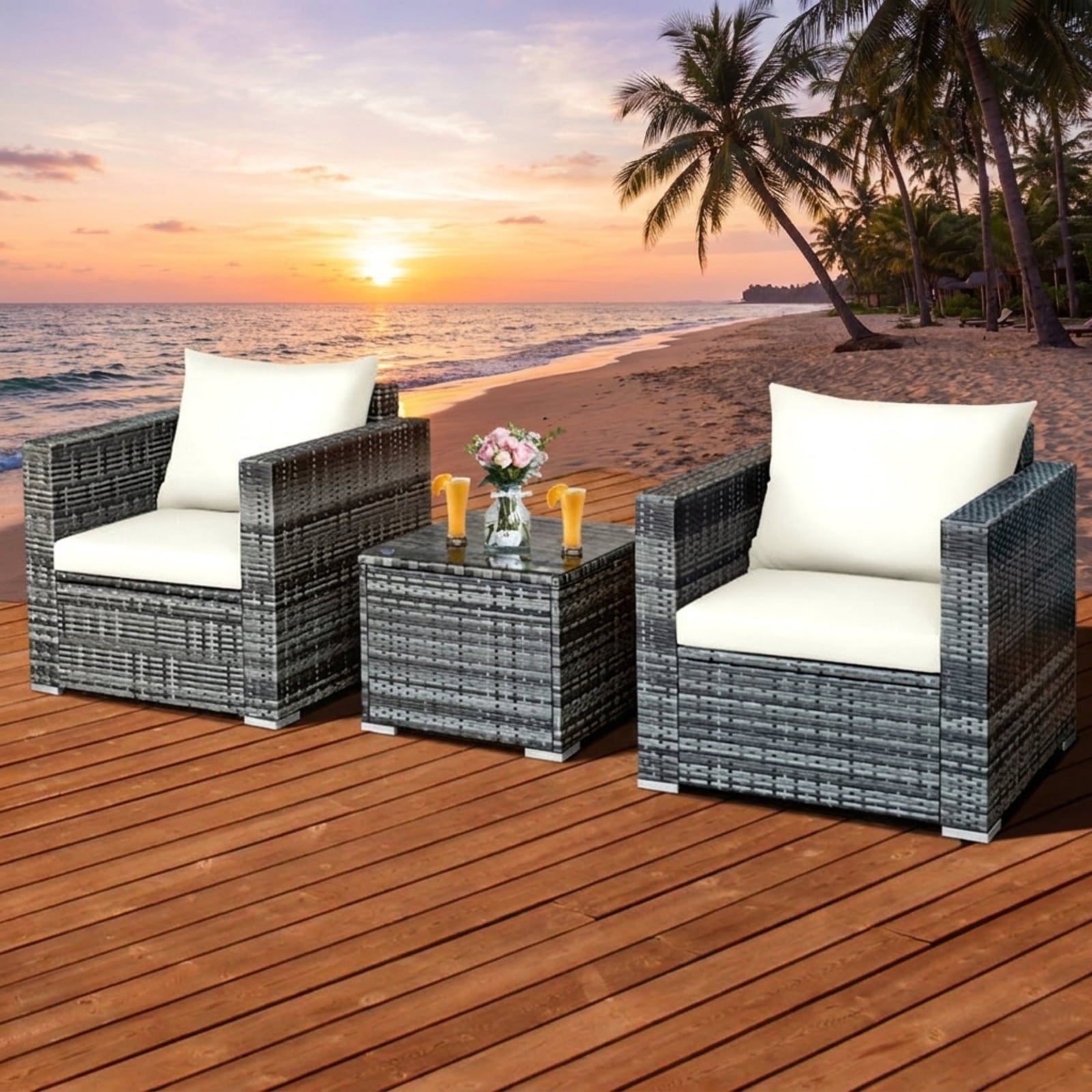Biotree 3 Pcs Patio Rattan Furniture Bistro Sofa Set with Cushioned Outdoor Conversation Set for Garden Backyard PorchWhite