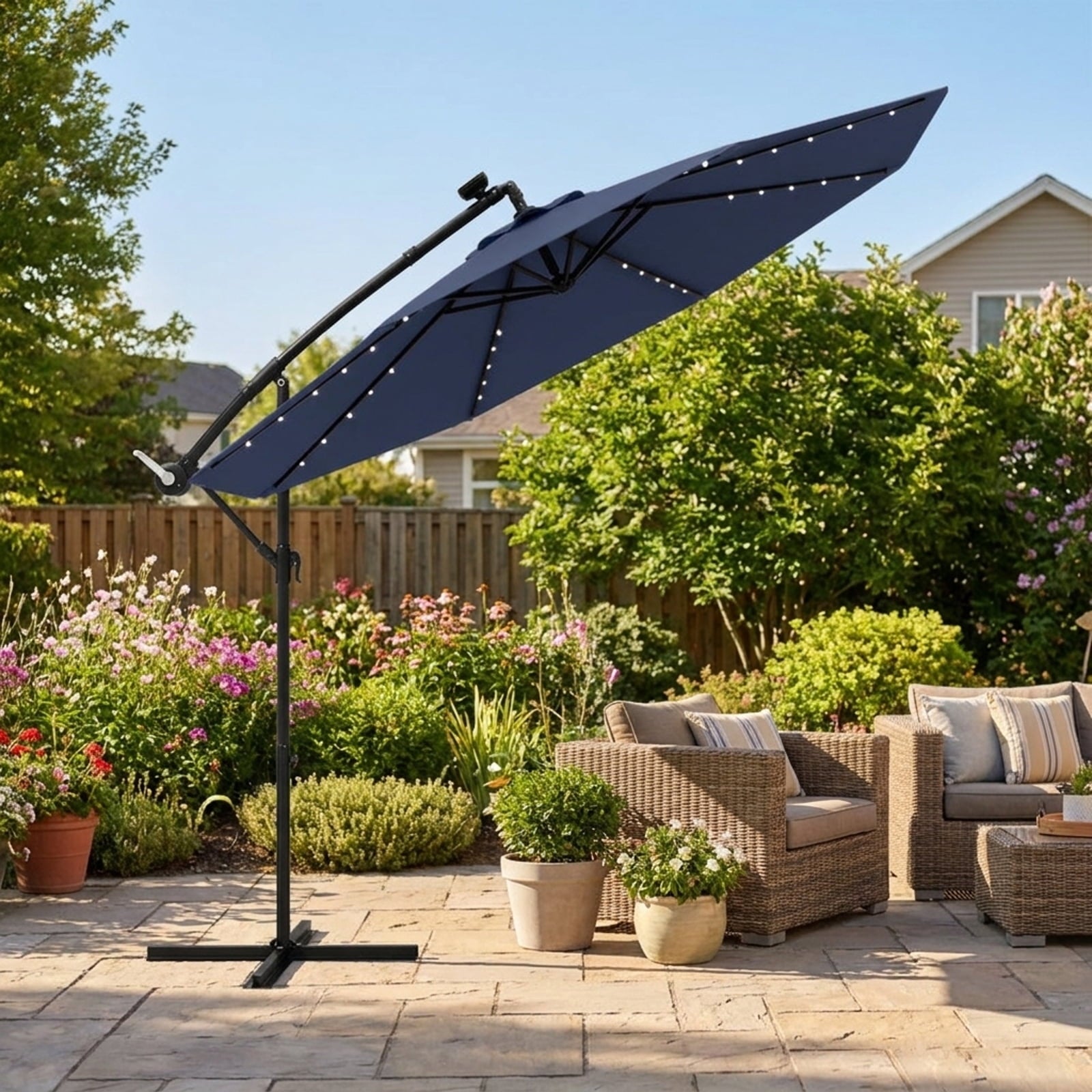 Biotree 10 ft Solar LED Cantilever Patio Umbrella Offset Hanging with Cross Base, 8 Ribs - Navy Blue