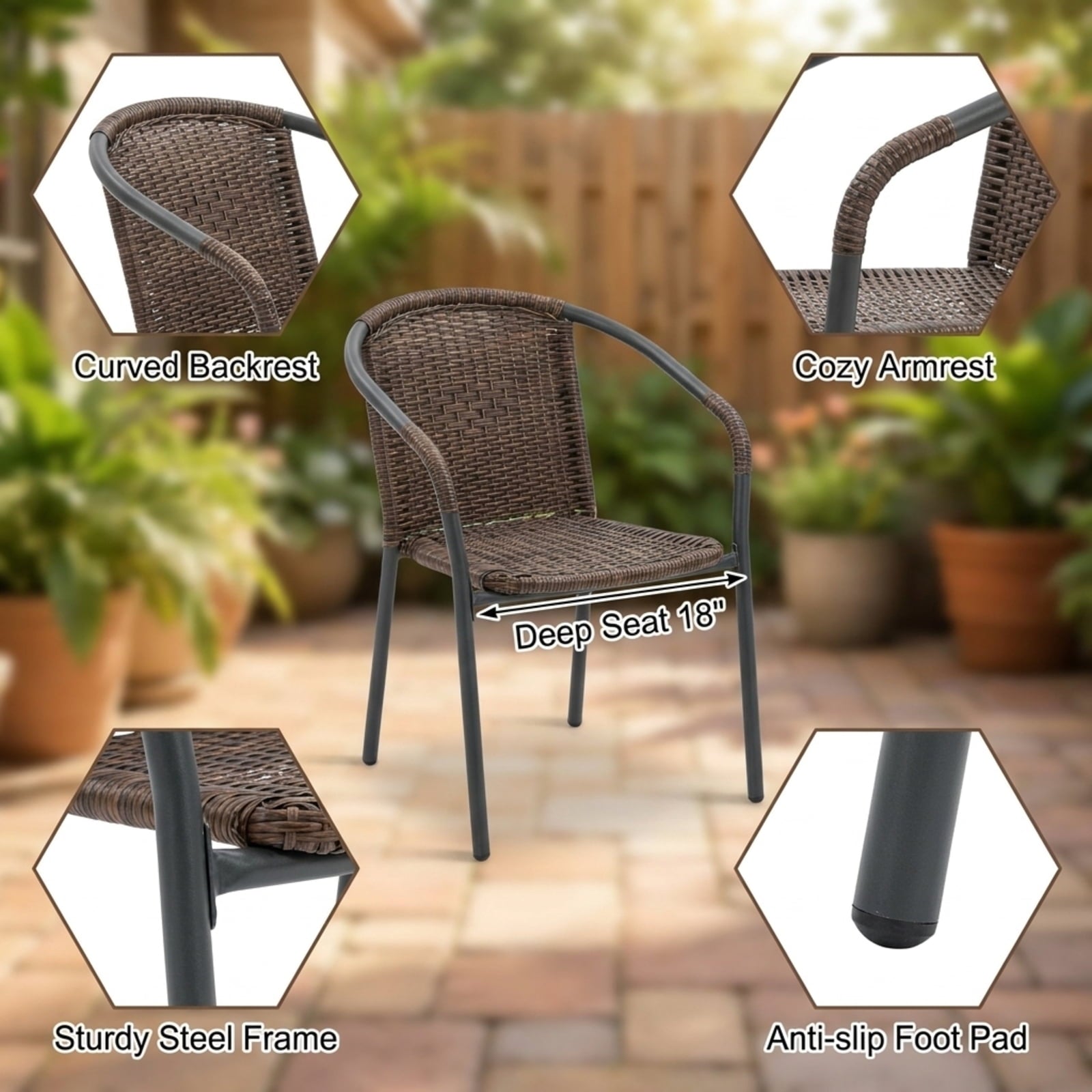 Biotree Set of 6 Outdoor PE Wicker Stackable Chairs with Sturdy Steel Frame Stackable Patio Chair for Garden BackyardBrown