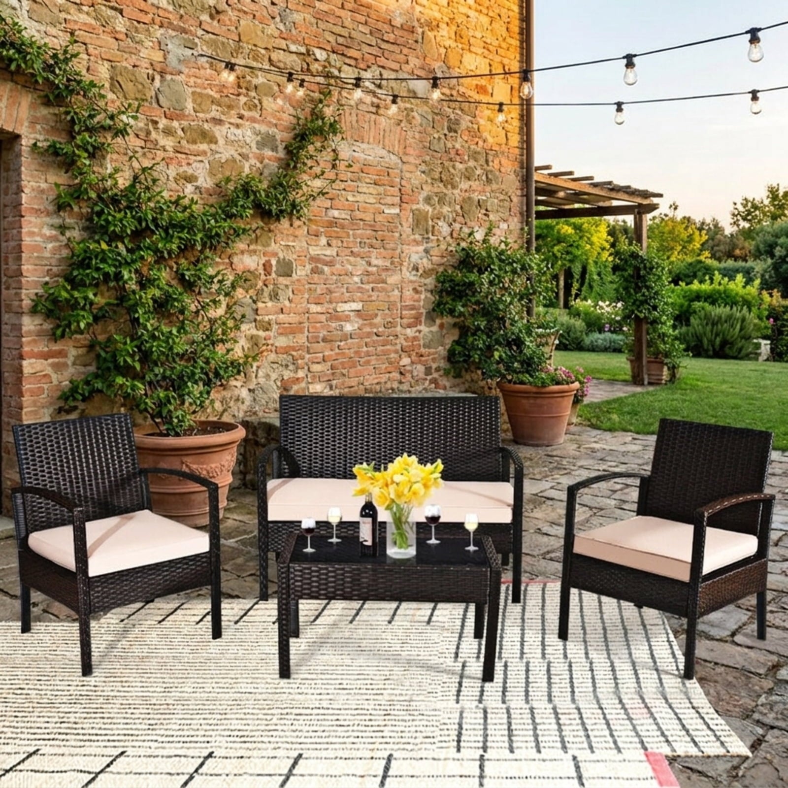 Biotree 4 Pieces Patio Rattan Conversation Set with Loveseat Sofas and Coffee Table Outdoor Conversation Set for Garden Backyard Porch