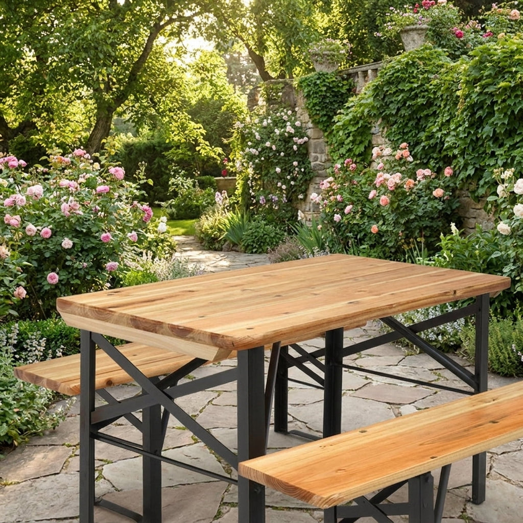Biotree 70-Inch 3 Pieces Folding Wooden Picnic Table Bench Set, Natural Black