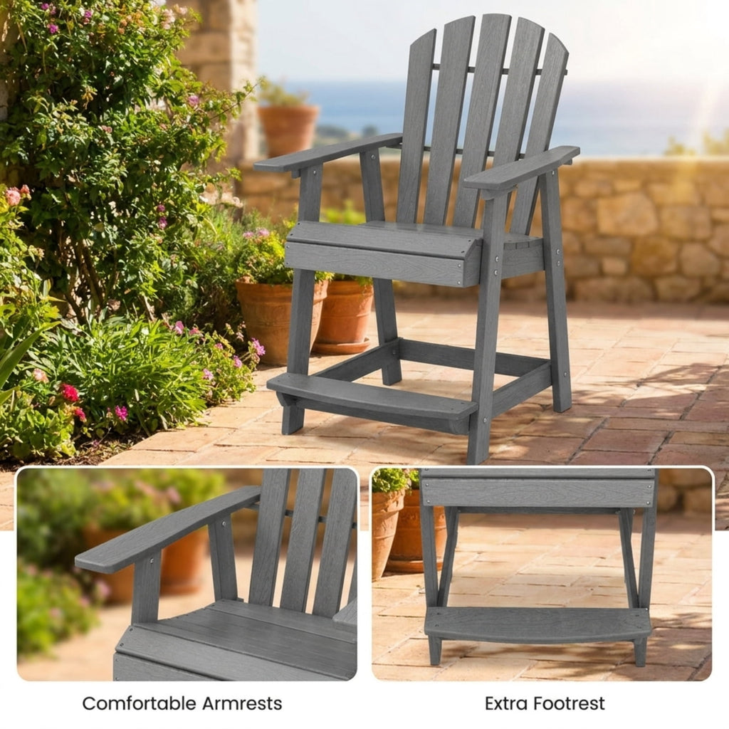 Biotree HDPE Patio Chair with Armrest and Footrest for Indoor Outdoor Stackable Patio Chair for Garden BackyardGray