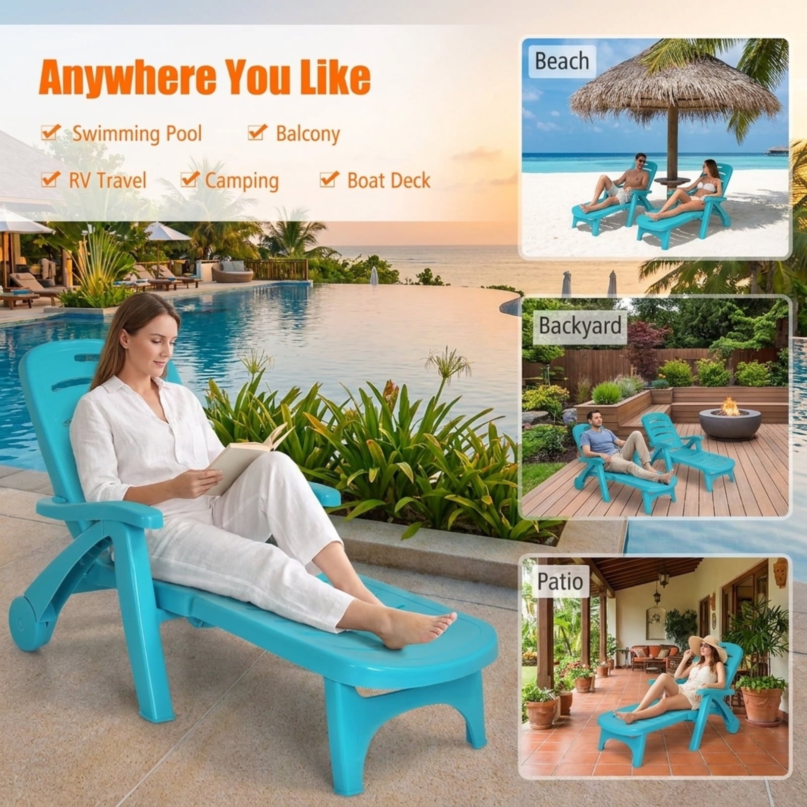 Biotree 5 Position Adjustable Folding Lounger Chaise Chair Stackable Patio Chair for Garden BackyardTurquoise
