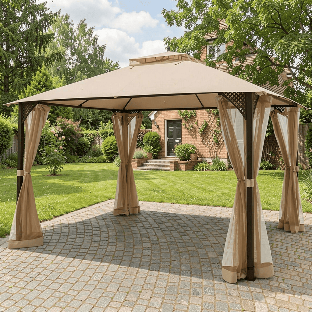 Biotree 12 x 10 Feet Outdoor Double Top Patio Gazebo with Netting Brown - Outdoor Patio Backyard Garden Shade Canopy Shelter