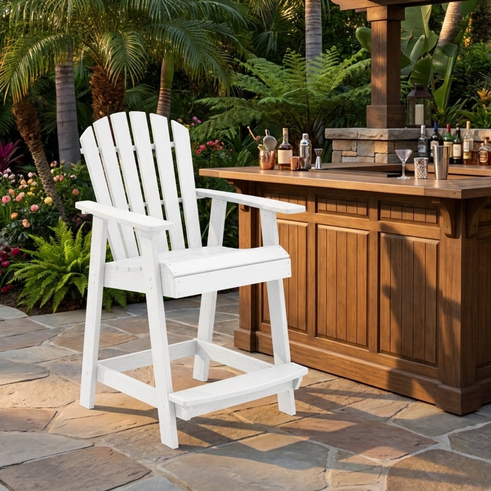 Biotree HDPE Patio Chair with Armrest and Footrest for Indoor Outdoor Stackable Patio Chair for Garden BackyardWhite