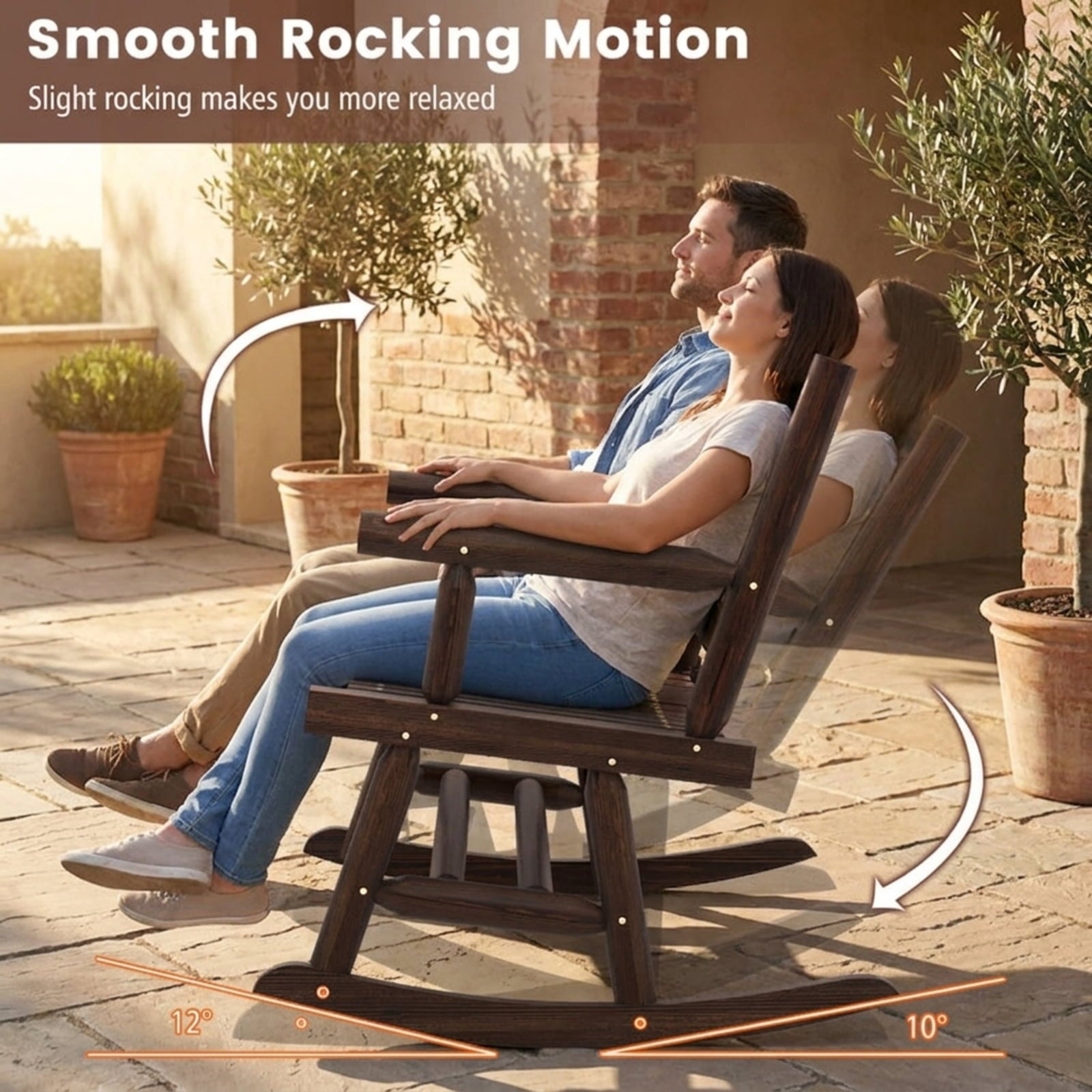 Biotree Patio Rocking Bench Double Rocker Chair with Ergonomic Seat 2-Person Loveseat Stackable Patio Chair for Garden BackyardRustic Brown