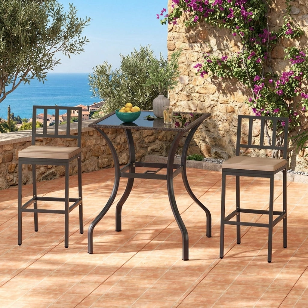Biotree Outdoor Patio Square Bar Table with Glass Top and PE Rattan Edging, Brown - Outdoor Bar Height Dining Table for Patio Deck