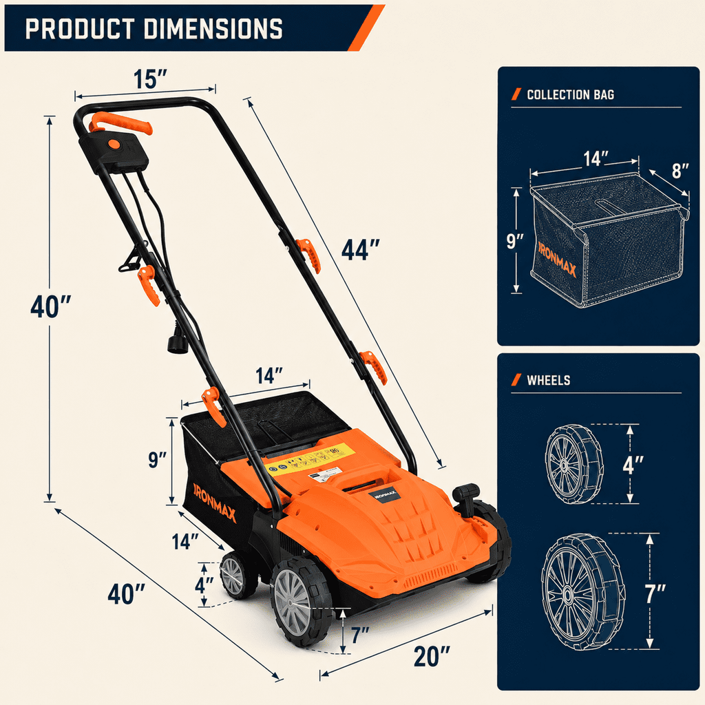 Biotree 13" 12 Amp Electric Lawn Scarifier Dethatcher, Corded Lawn Rake with 3-Position Depth Adjustment, Removable Blades and 40L Collection Bag for Grass Renovation and Yard Care Orange