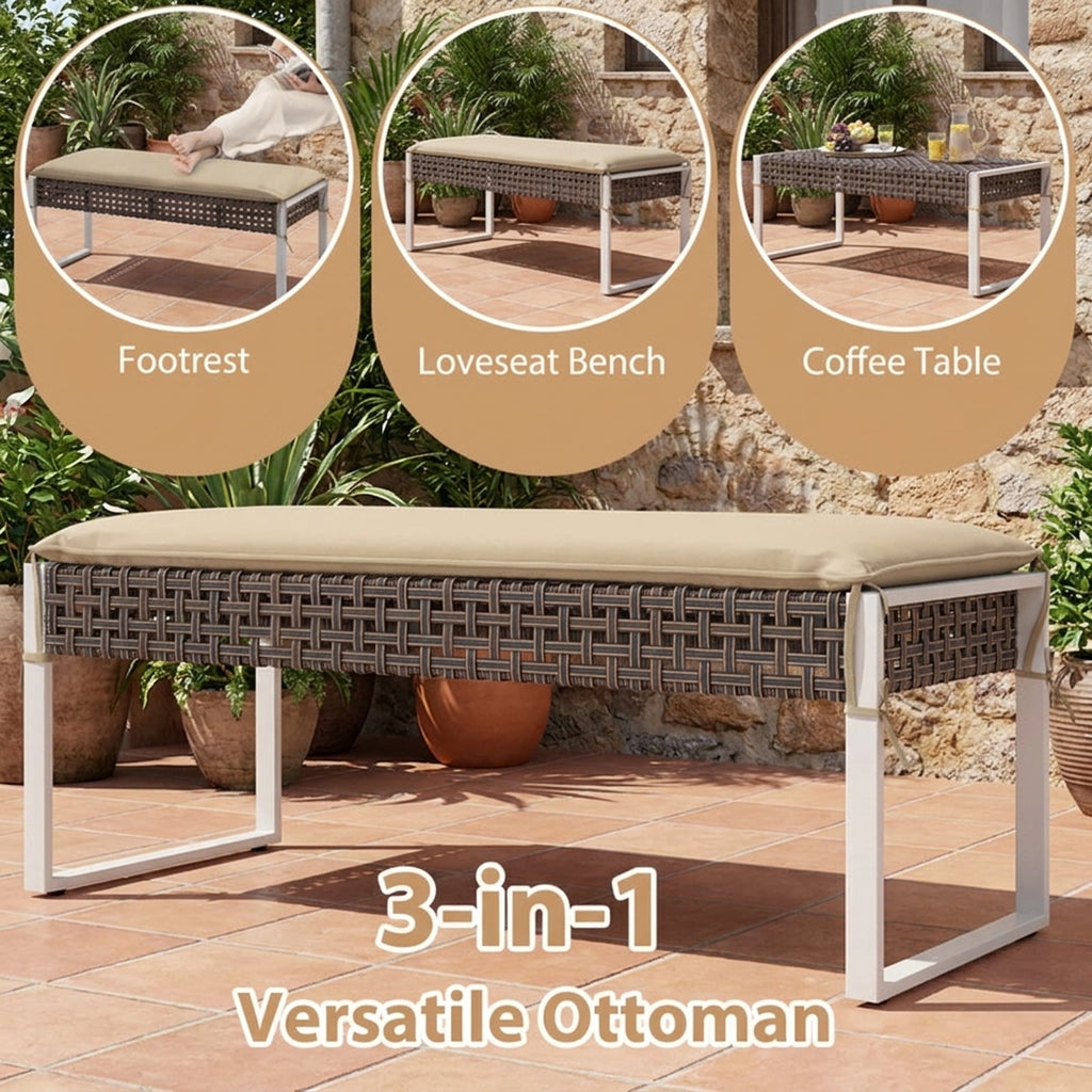Biotree 43 Inch Patio Rectangle Ottoman with Metal Legs and Seat Cushion Stackable Patio Chair for Garden BackyardBeige