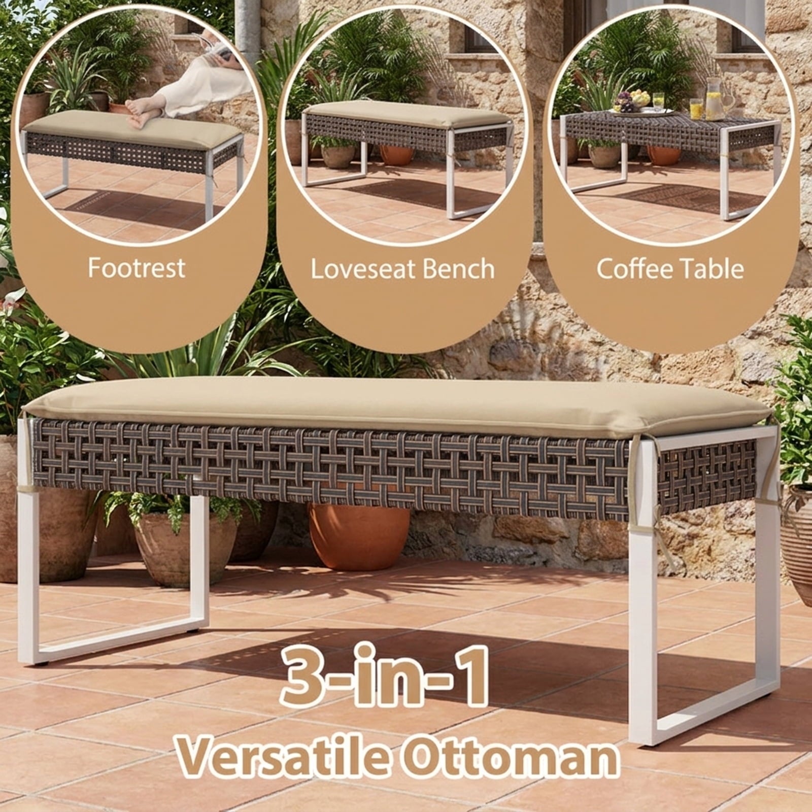 Biotree 43 Inch Patio Rectangle Ottoman with Metal Legs and Seat Cushion Stackable Patio Chair for Garden BackyardBeige