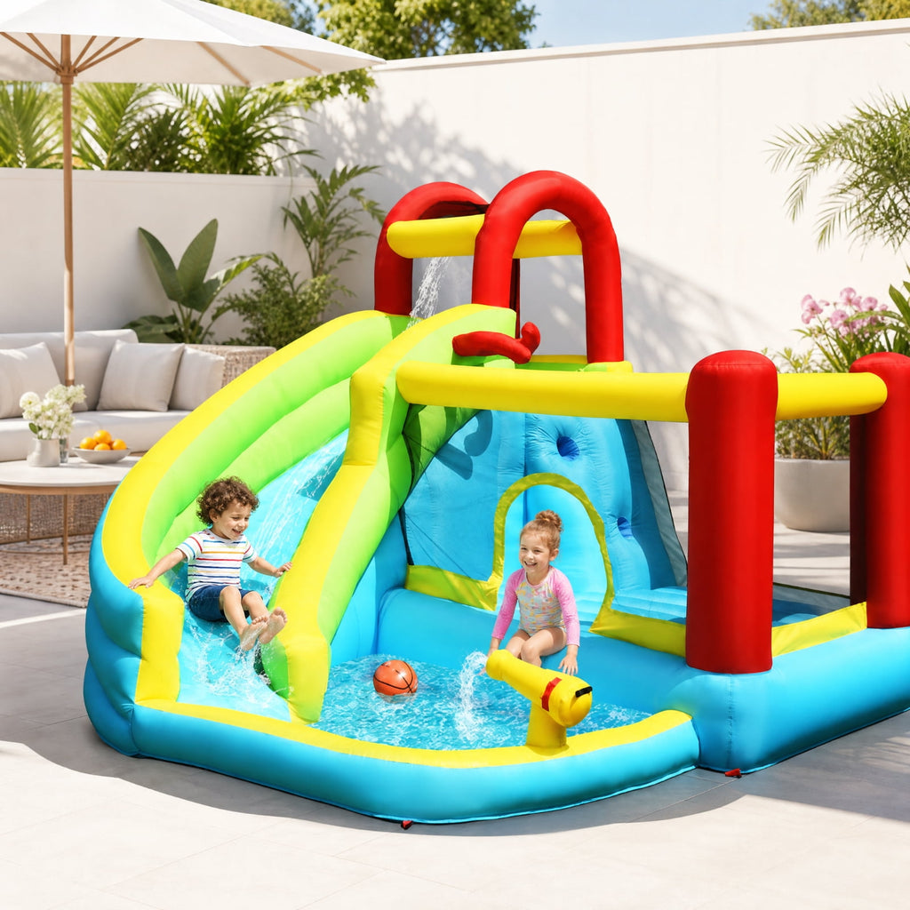 Biotree 6-in-1 Inflatable Bounce House with Water Slide, Climbing Wall, Splash Pool and Basketball Hoop for Backyard, Multicolor